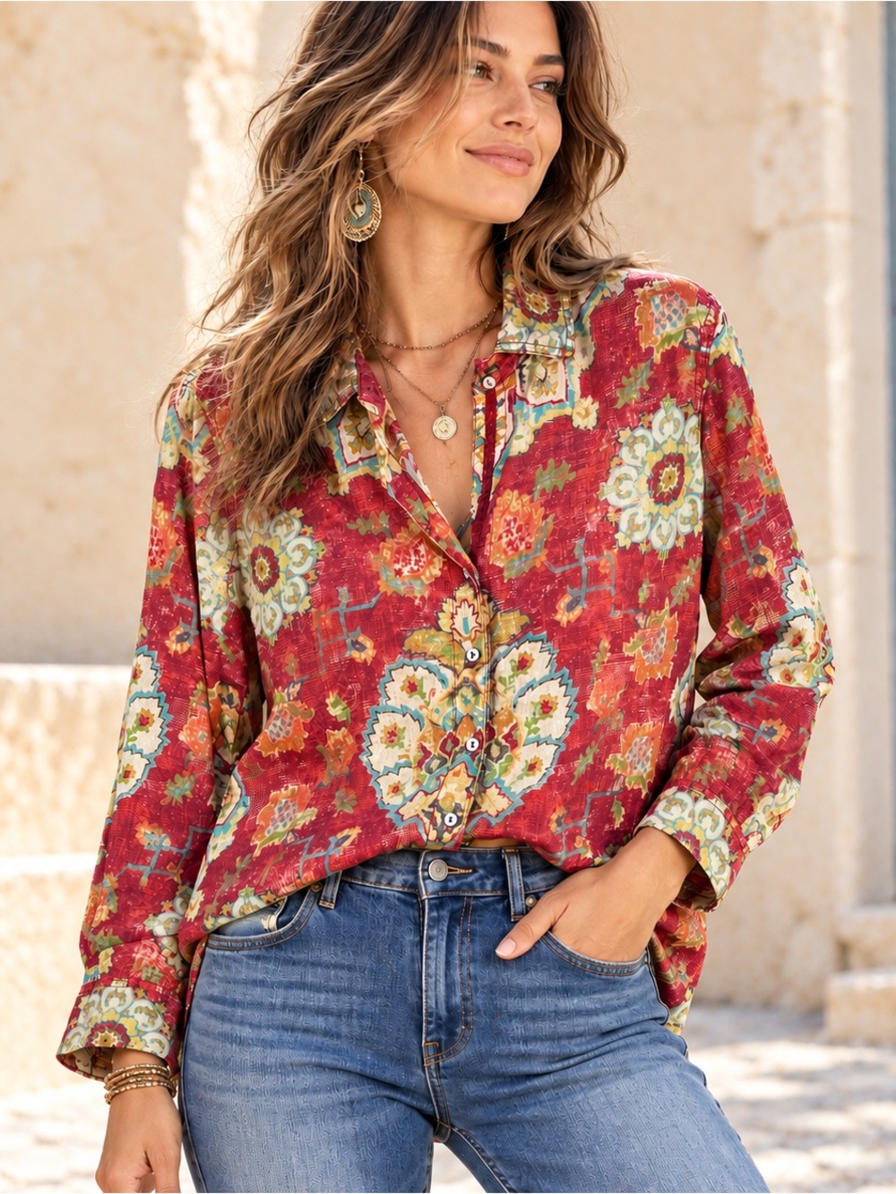 CINO Red Medallion Floral Print Cotton Blouse Velvet Trim Boho Sz S